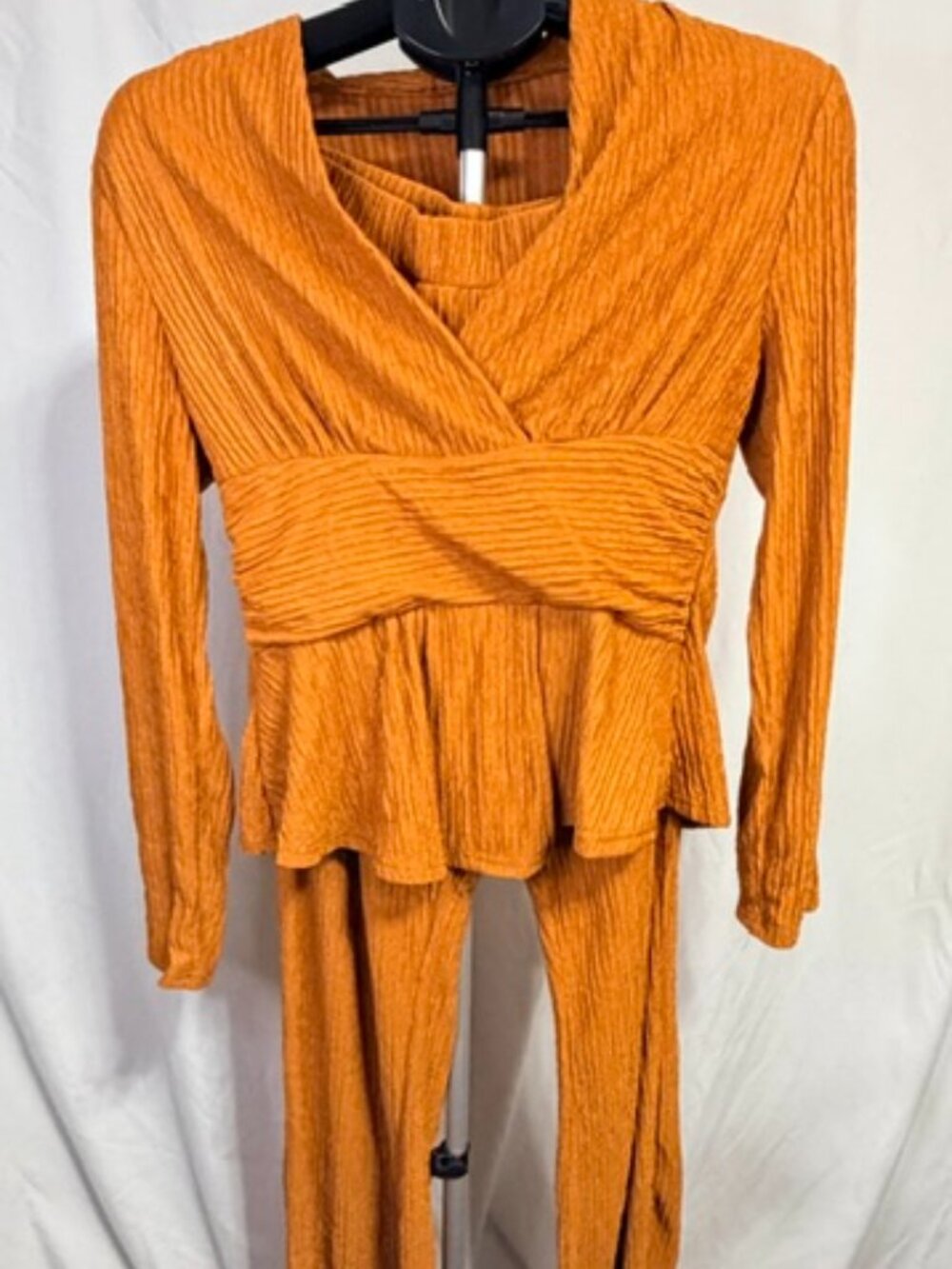 Rust Orange Plisse Crinkle 2-Piece Set - Faux Wrap Peplum Top & Wide Leg Pants
